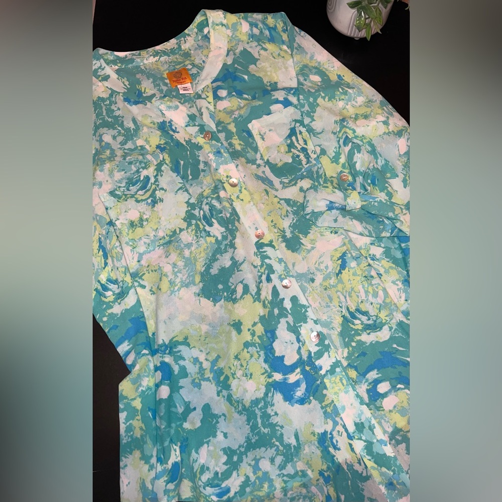 Ruby Rd Plus Size Watercolor Style Tie Front Button up blouse Size 20W EUC